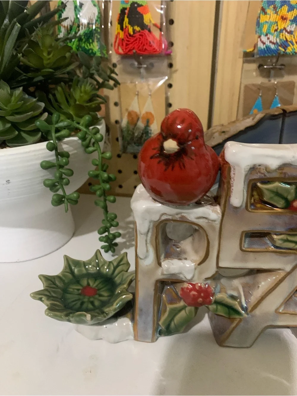 Pier 1 White & Red 'PEACE' Holiday Table Decor with Cardinals